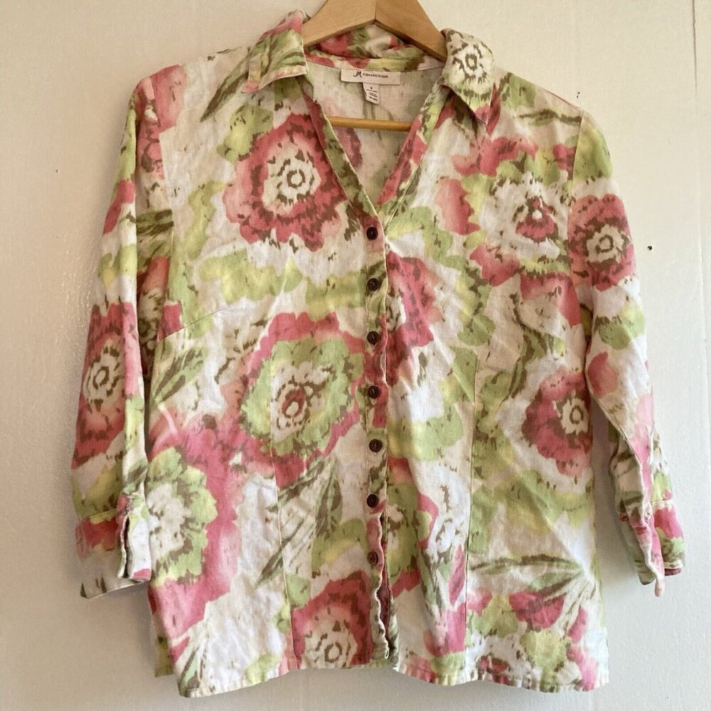JM Collection Watercolor Floral Linen Button Up Shirt Blouse 3/4 Sleeve Sz 8